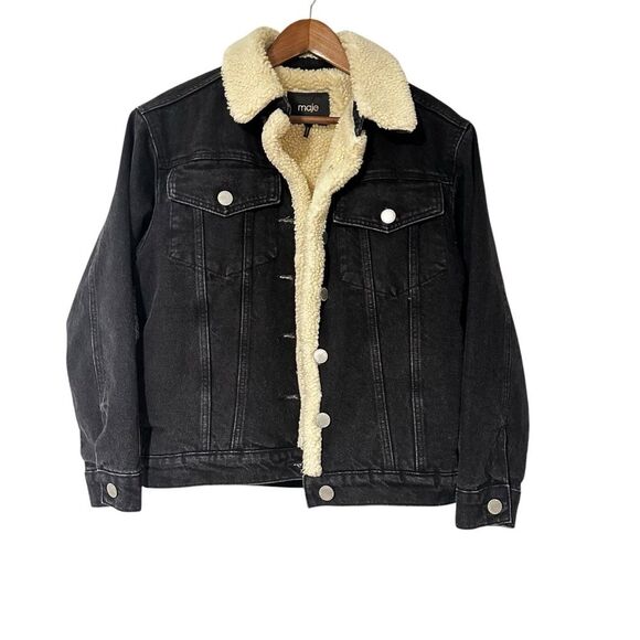 Maje Black Sherpa Teddy lined Cotton Denim‎ jacket size 38 Medium - Picture 3 of 12